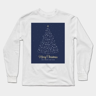 Merry Christmas and a Happy New Year. Minimalistic Christmas tree illustration. High quality Christmas blue white and gold starry illustration in minimalist style. Long Sleeve T-Shirt